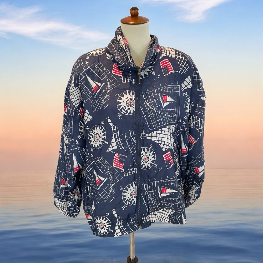 Nautical Print Blue Silk Jacket XL Vintage Sailing